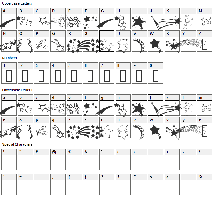 KR Starry Eyed Font Character Map