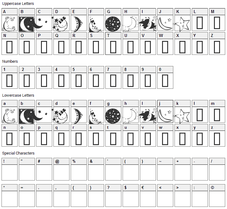 KR Starry Night Font Character Map