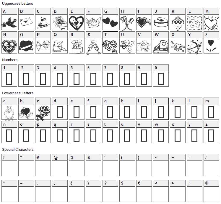 KR Valentine 2003 Font Character Map