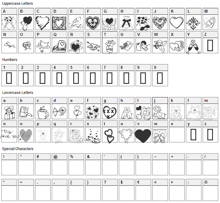 KR Valentine Dings 2002 Font Character Map