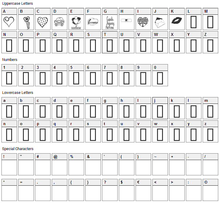 KR Valentine Dings Font Character Map