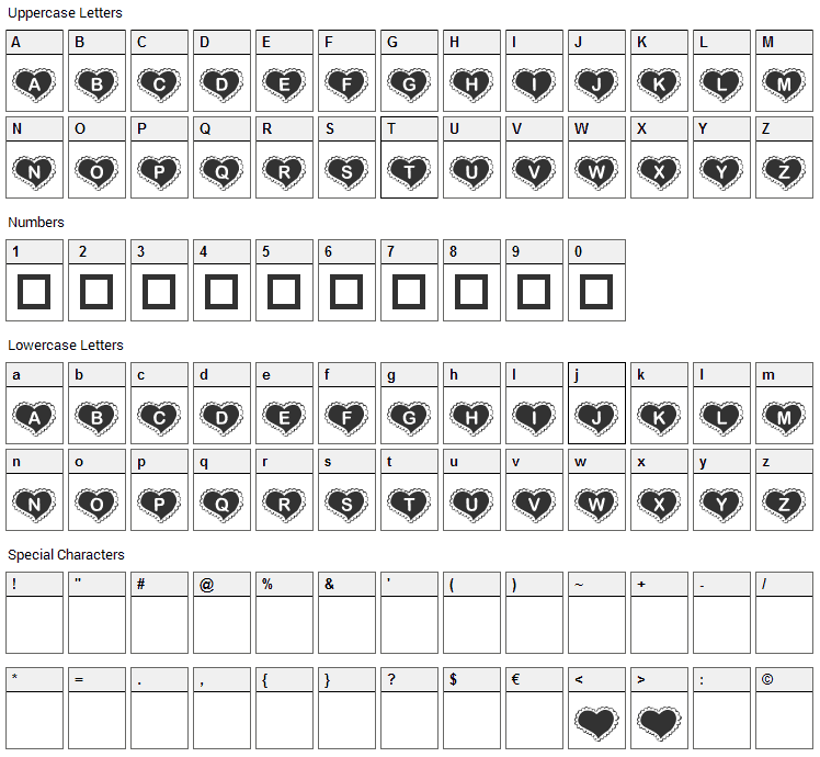 KR Valentine Heart Font Character Map