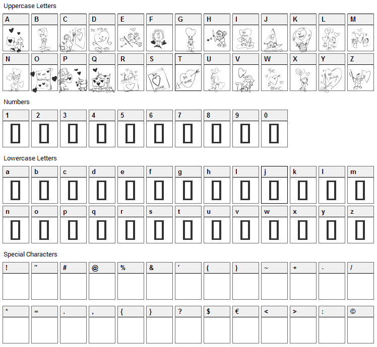 KR Valentine Kids 2006 Font Character Map