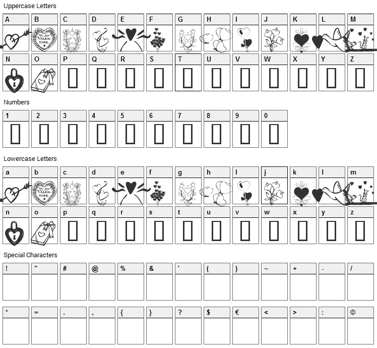 KR With Heart Font Character Map