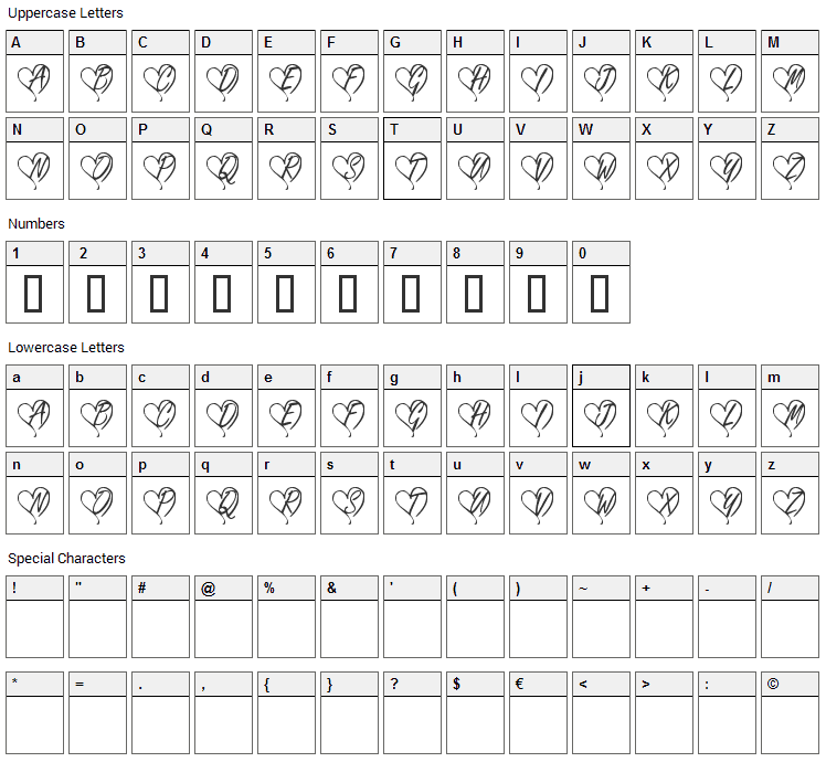 KR Yours Truly Font Character Map