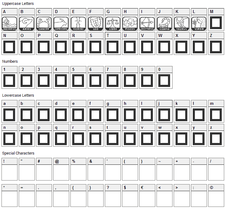 KR Zodiac Dings Font Character Map