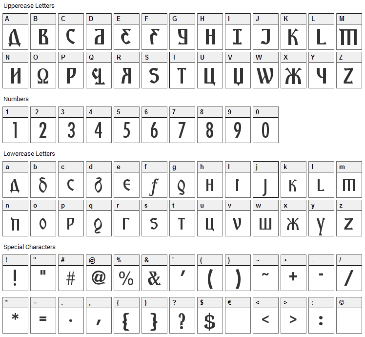 Kremlin Starets Font Character Map