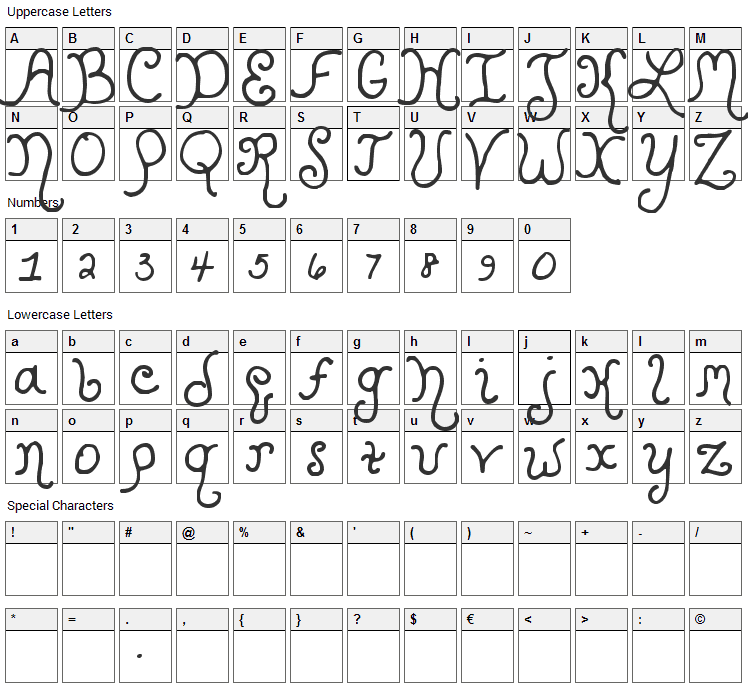 Kristen Curly Font Character Map