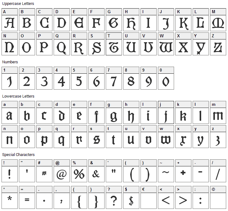 Kuenstler Gotisch Font Character Map