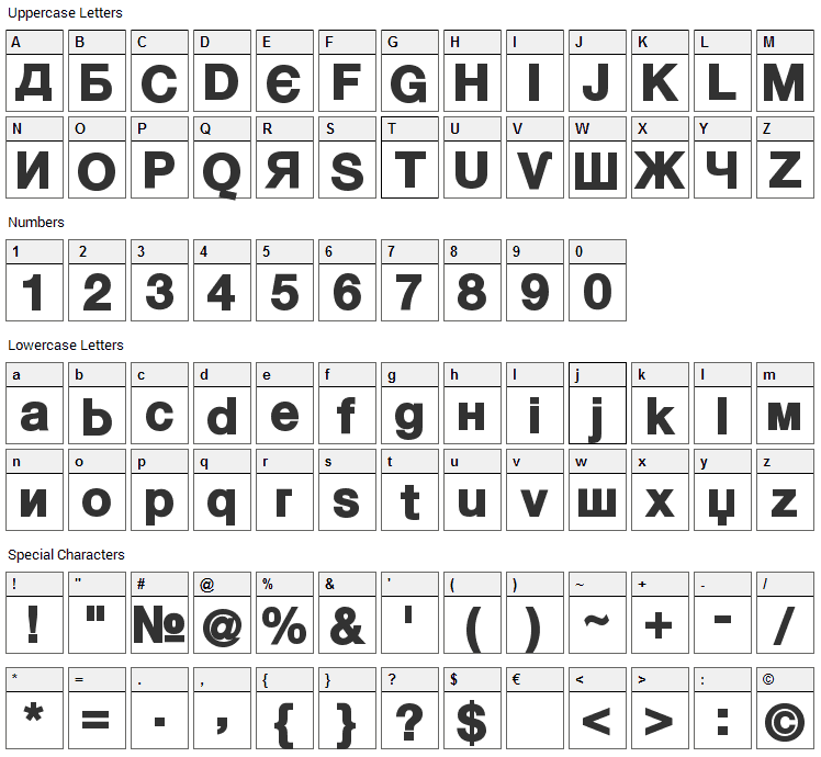 Kyrilla Font Character Map