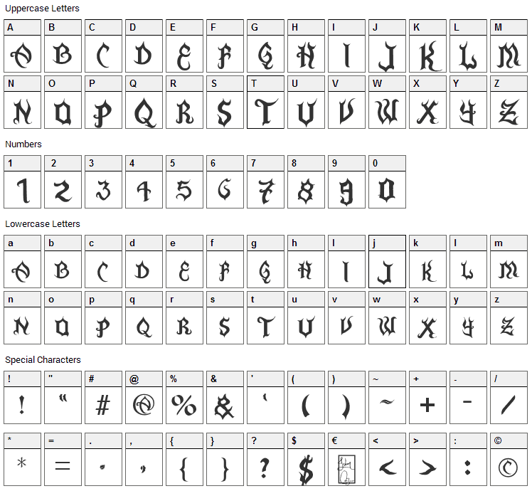 La Flama y La Espina Font Character Map