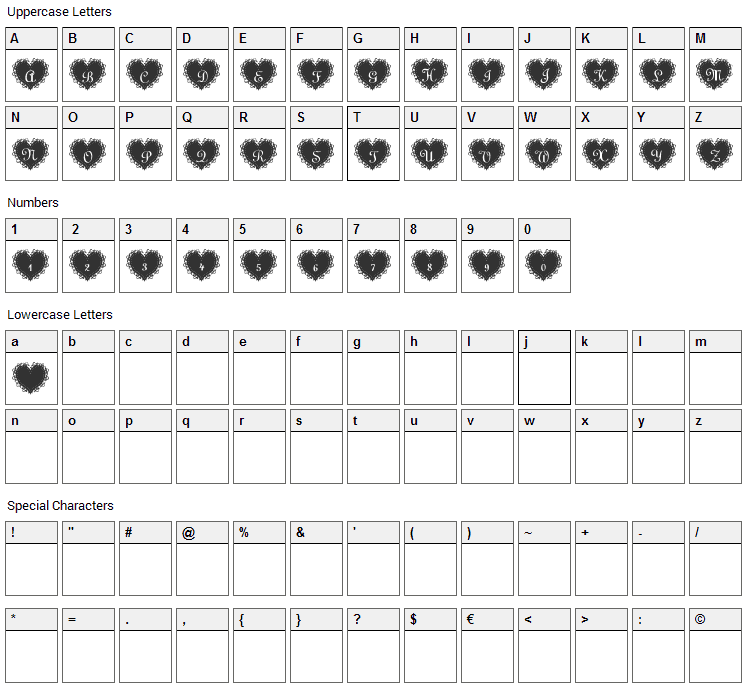 LaceHearts Font Character Map