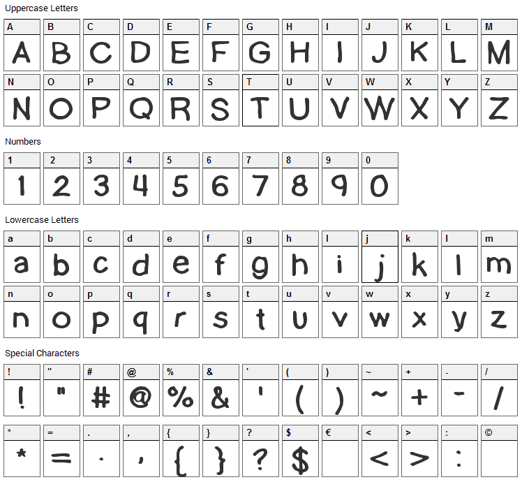 Lamebrain Font Character Map