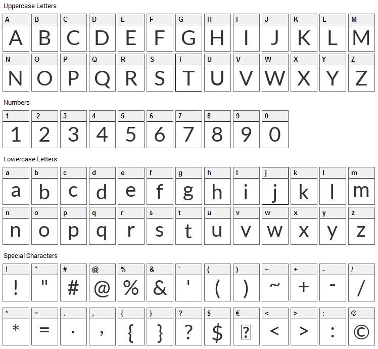 Lato Font Character Map