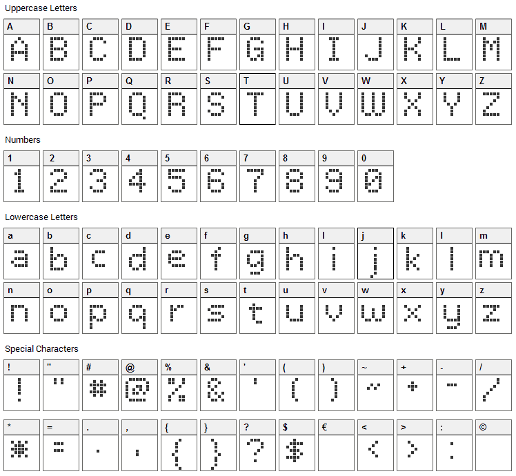 LCD Dot Font Character Map