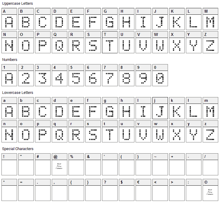 LCD Phone Font Character Map