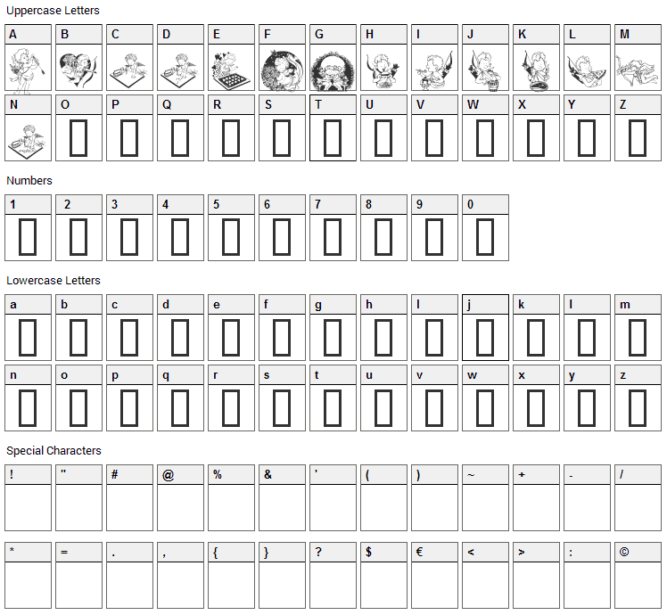 LCR Cutesy Cupid Font Character Map