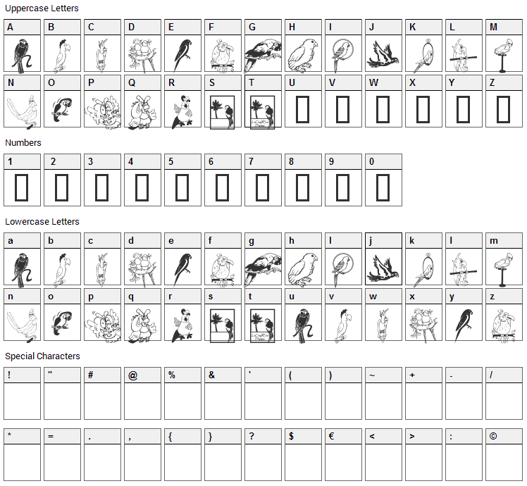 LCR Parrot Talk Font Character Map