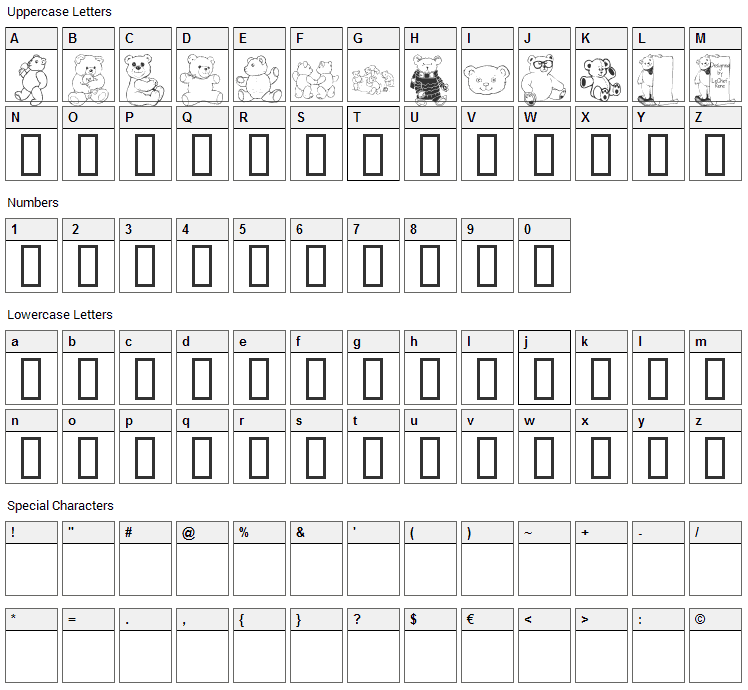 LCR Prestigious Teddies Font Character Map