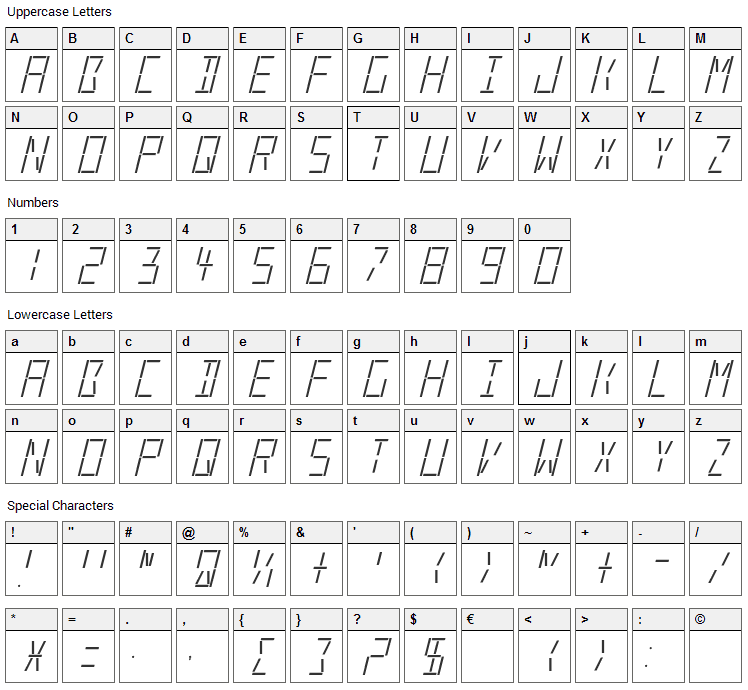 LED Real Font Character Map