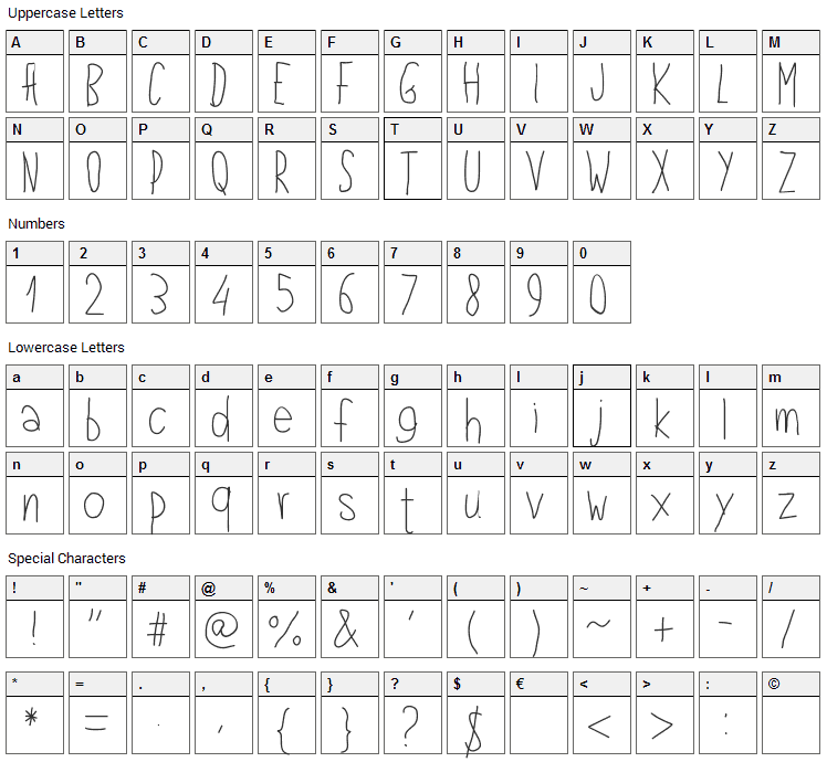 Left Hand Font Character Map