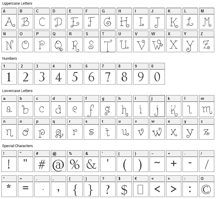 Lejana Font Character Map