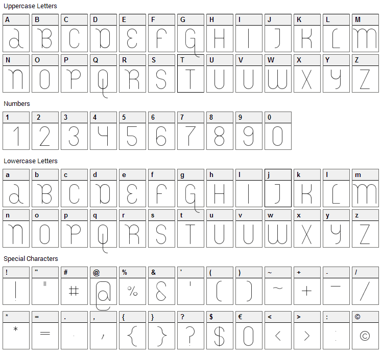 Lemur Light Font Character Map