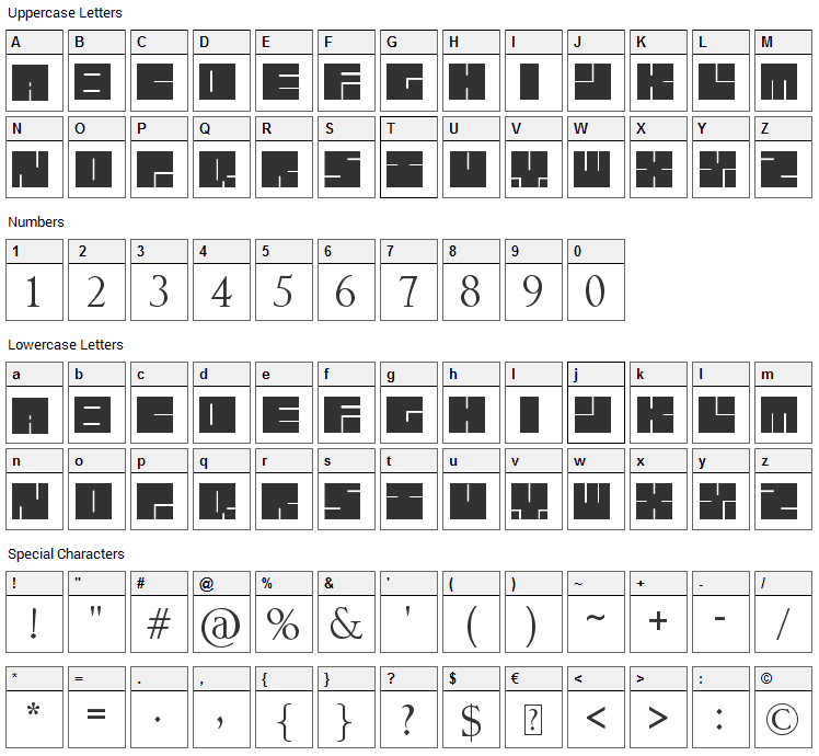 Lettres Carrees Font Character Map