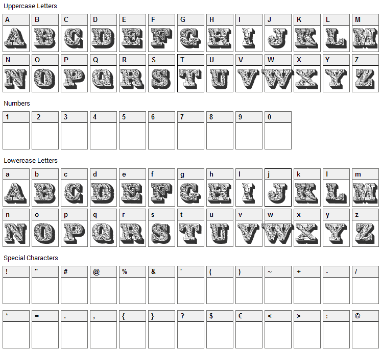 Lettres Ombrees Ornees Font Character Map