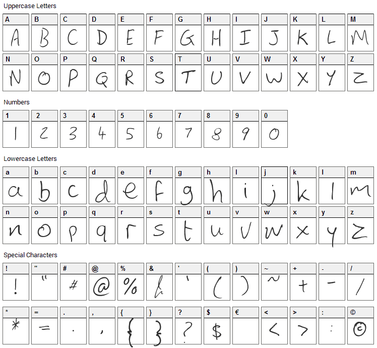 Lewis Hand Font Character Map