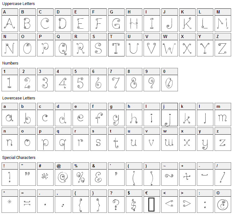 Lickcurl Petite Font Character Map