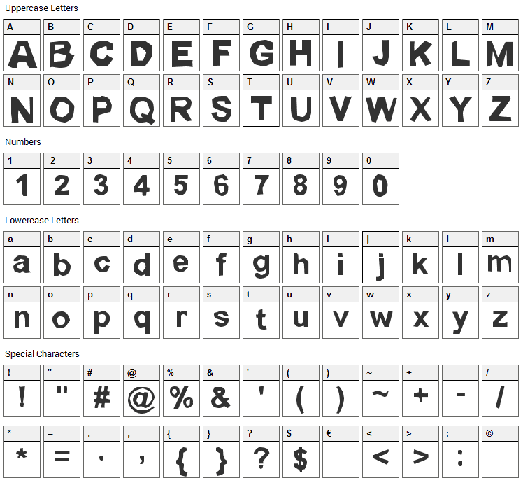Lickspittle Font Character Map