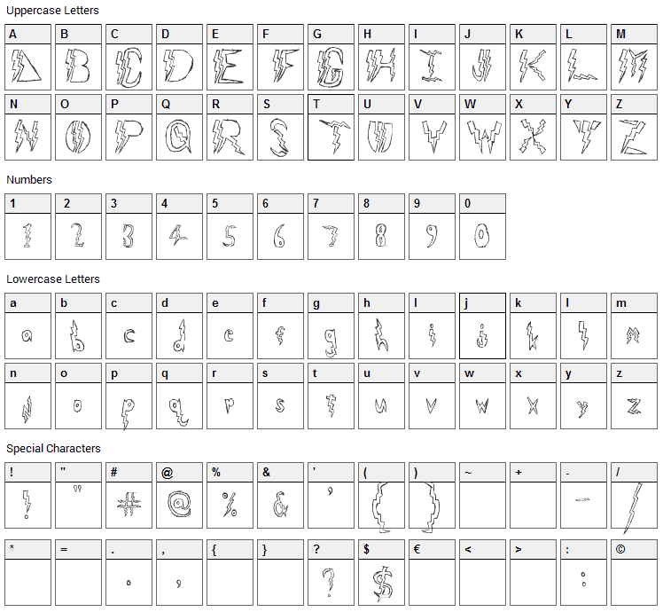 Lightning Strike Font Character Map