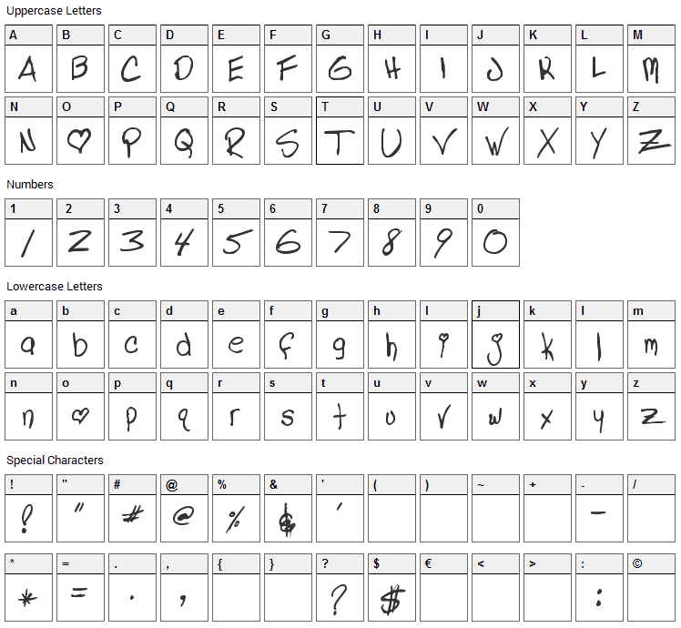 Lindas Lament Font Character Map