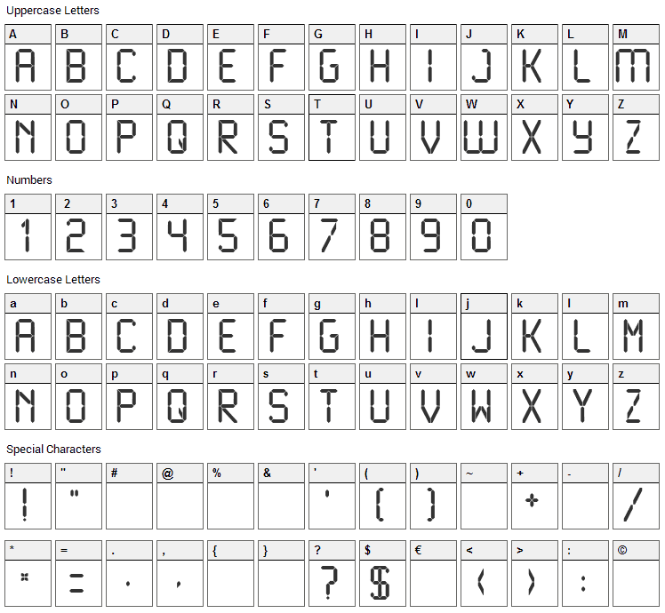 Liquid Crystal Font Character Map