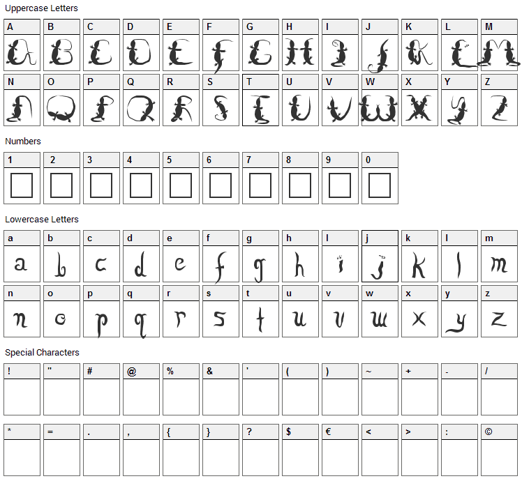 Lizzard Font Character Map