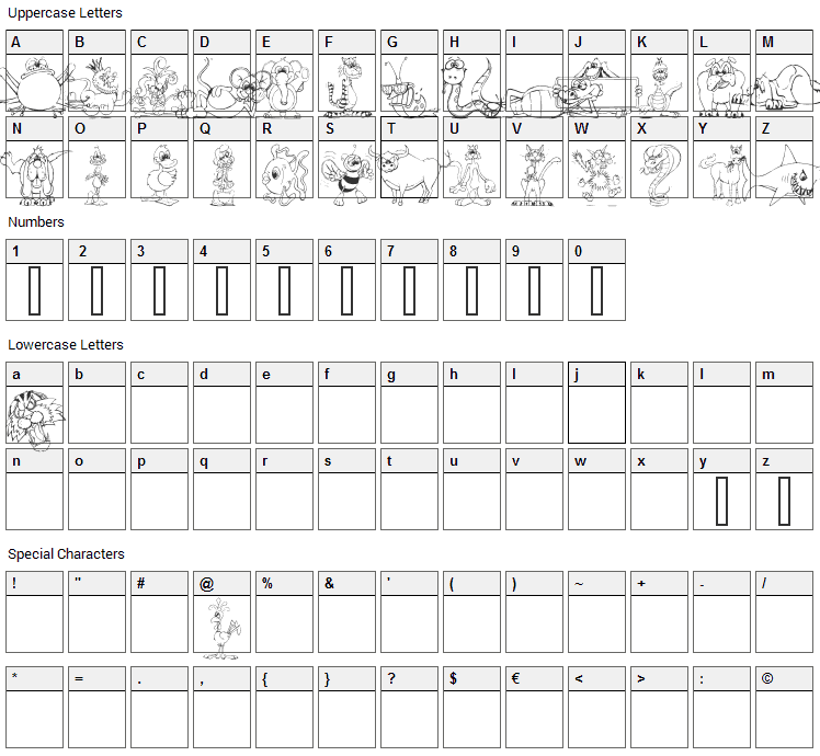 LM Animal Toons Font Character Map