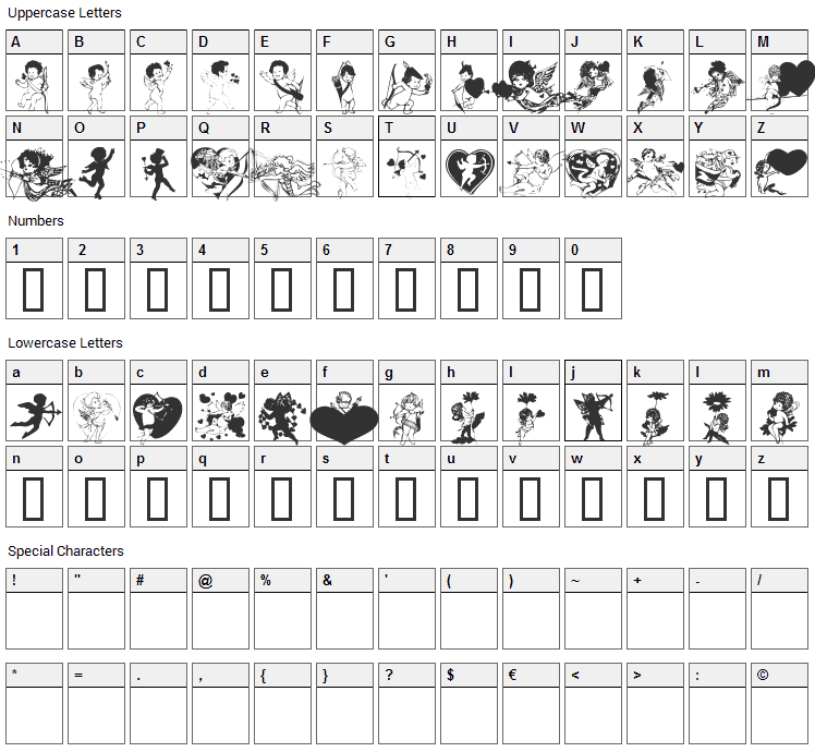 LM Cupids Font Character Map