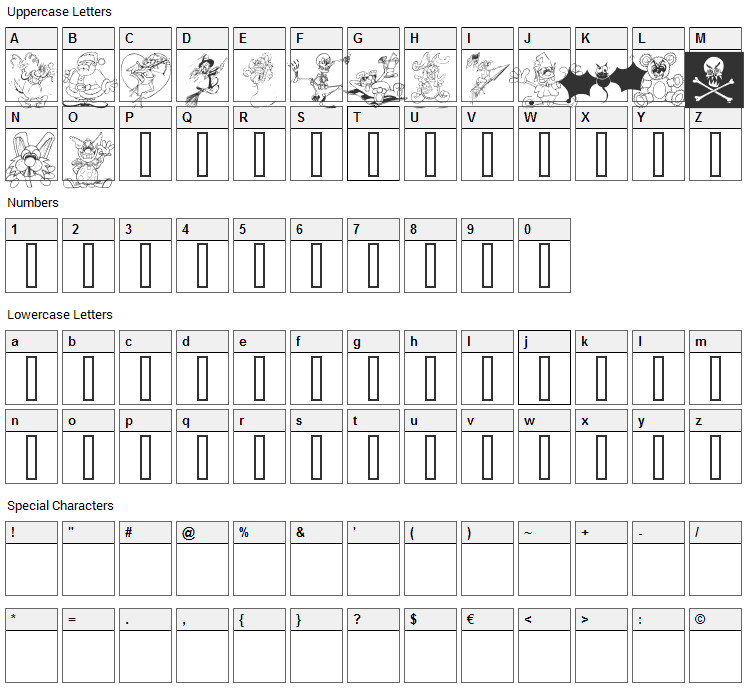 LM Holiday Toons Font Character Map