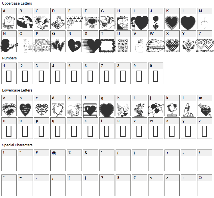 LM Valentines 1 Font Character Map