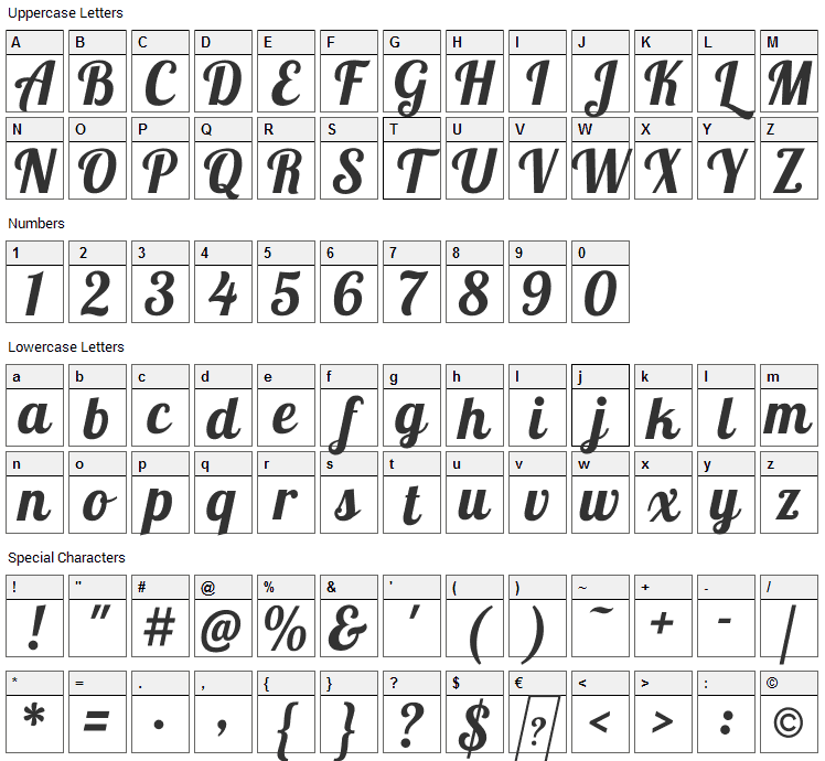 Lobster Font Character Map