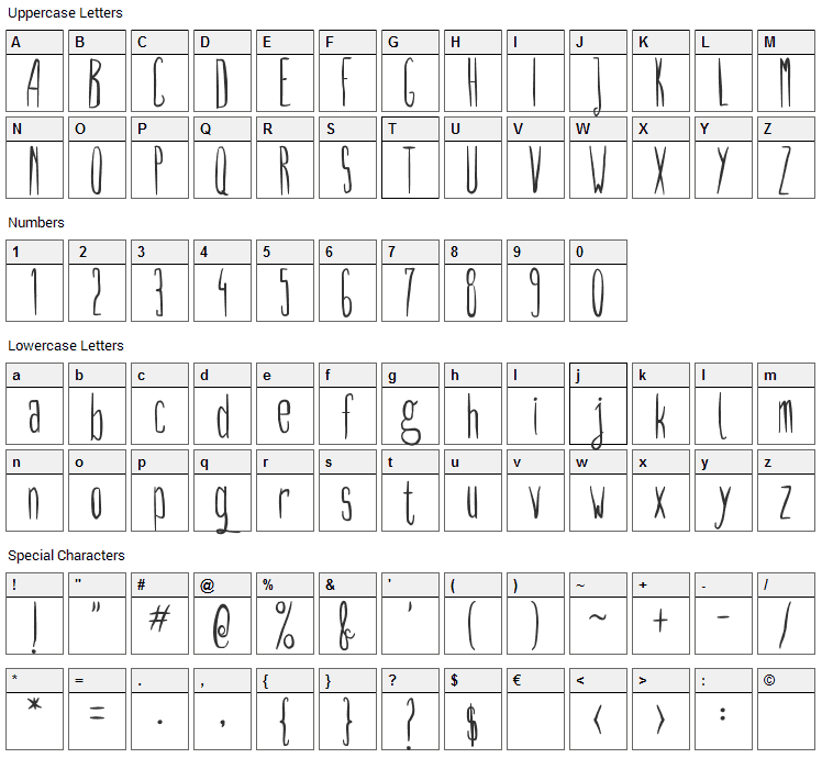 Long Nails Font Character Map