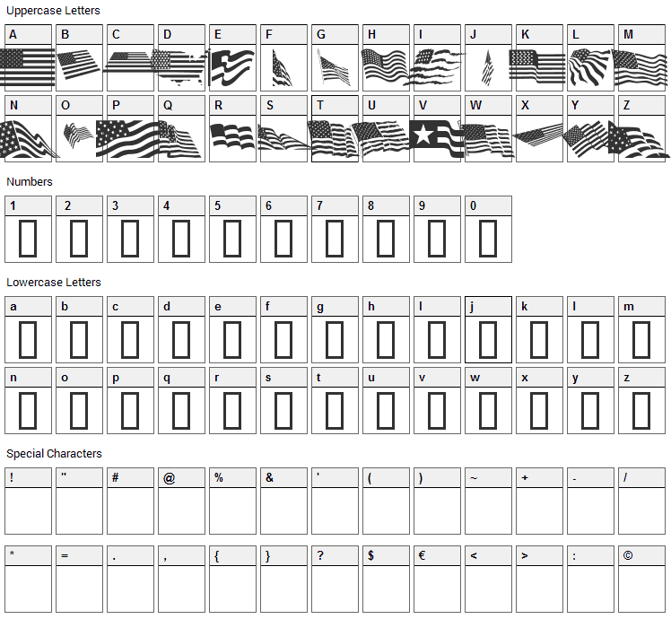 Look for America Font Character Map