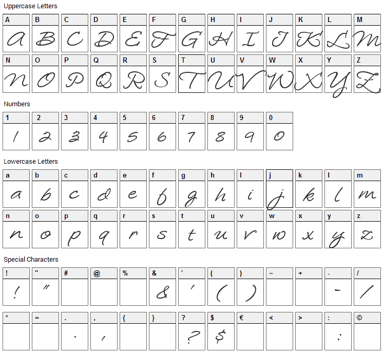 Loosie Script Font Character Map