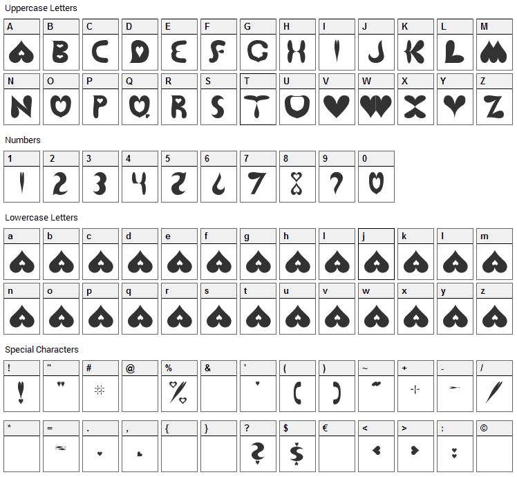 Love Letters 2 Font Character Map