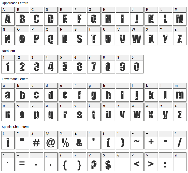 Love Letters Font Character Map