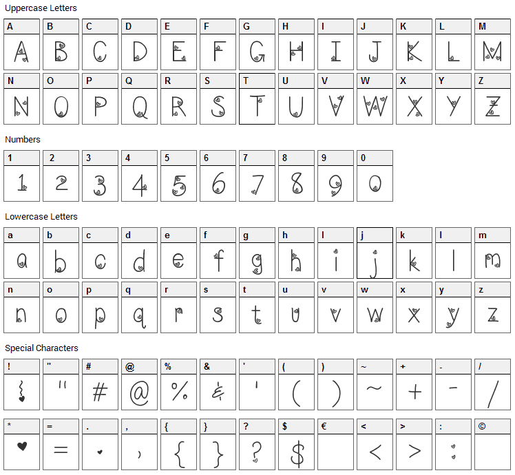 LoveNess Three Font Character Map