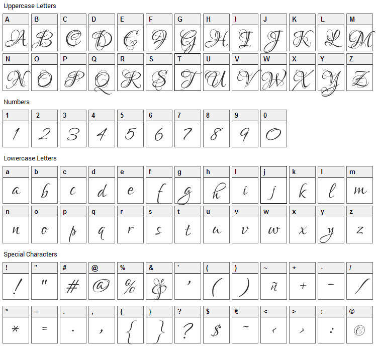 Lovers Quarrel Font Character Map