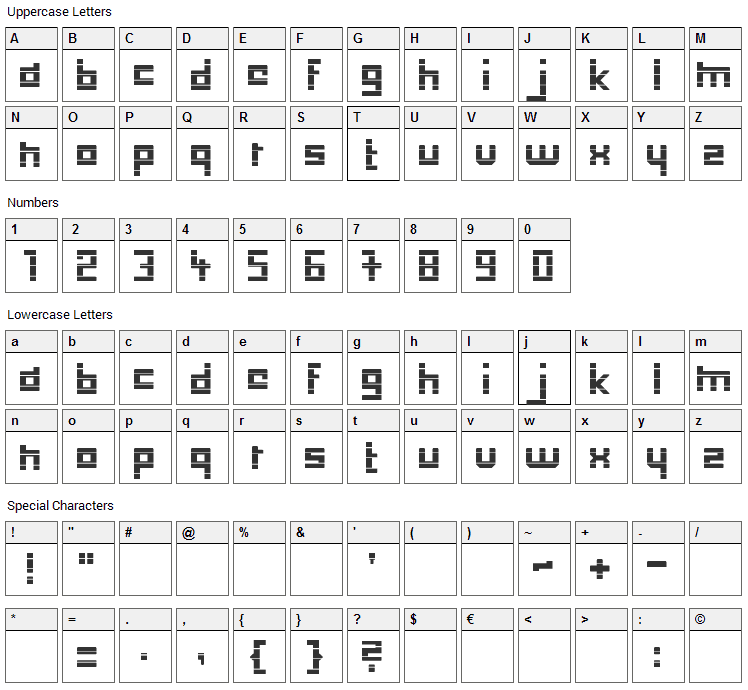 Low Down Cut Font Character Map