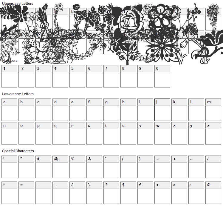 LP Flowers 1 Font Character Map